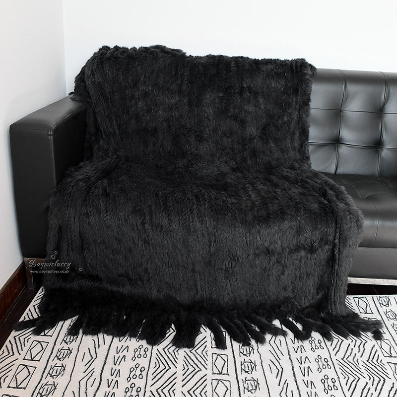 Thumbnail: Knit Rabbit Fur Blanket  With Tassels in Black