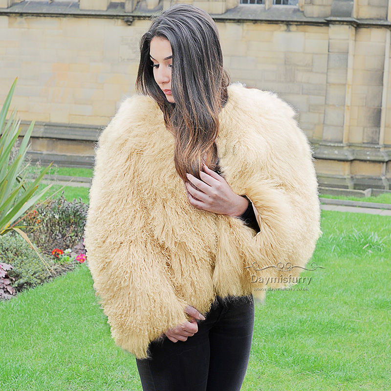 Thumbnail: Mongolian Lamb Fur Jacket in Beige