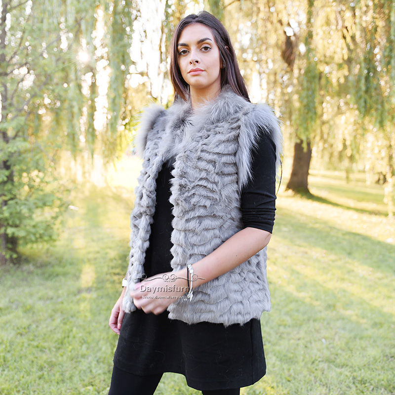 Thumbnail: Rabbit Fur Vest With Raccoon Fur Trim in Light Grey