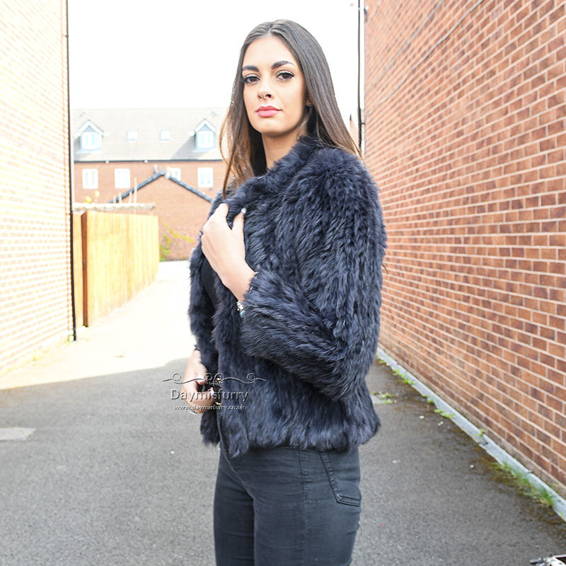 Thumbnail: Knit Rabbit Fur Bolero Jacket in Navy