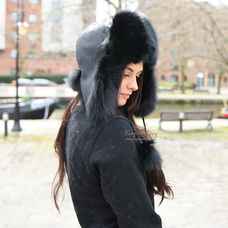 Thumbnail: Unisex Fox Fur Trooper Hat in Black