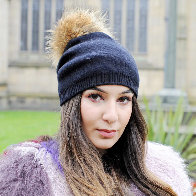 Thumbnail: Wool Beanie Hat With Raccoon Pom Pom