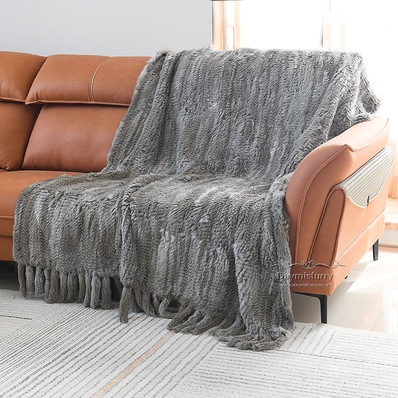 Thumbnail: Knit Rabbit Fur Throw With Tassels  in Natural Grey  - 51x71"
