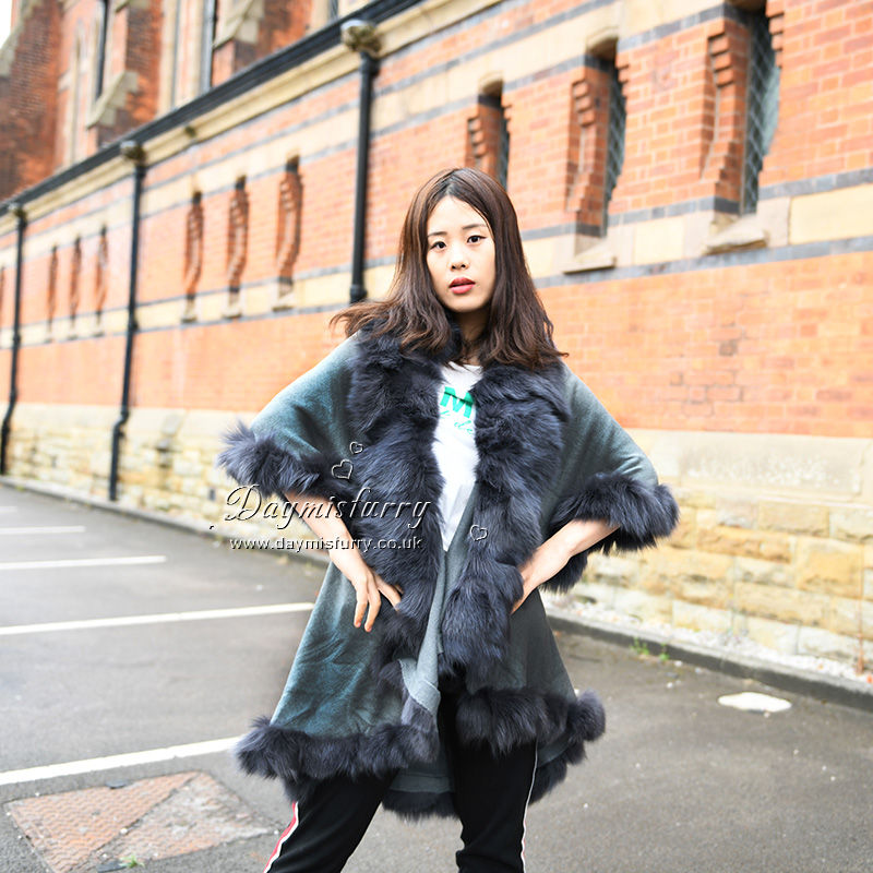 Thumbnail: Layered  Fox Fur Trim Cape in Grey