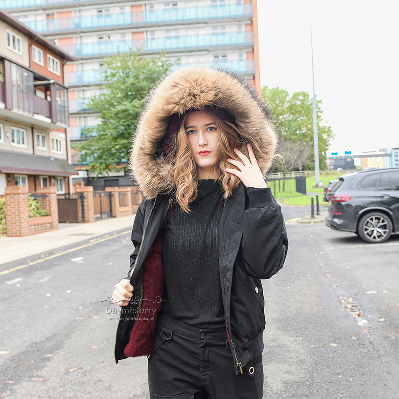 Thumbnail: Rex Rabbit Fur Lined Bomber Jacket  With Real Fur Collar