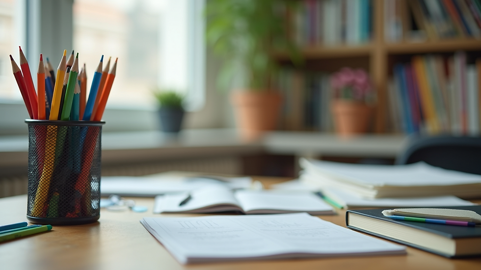 Eye-level view of an organized study space with colorful school supplies