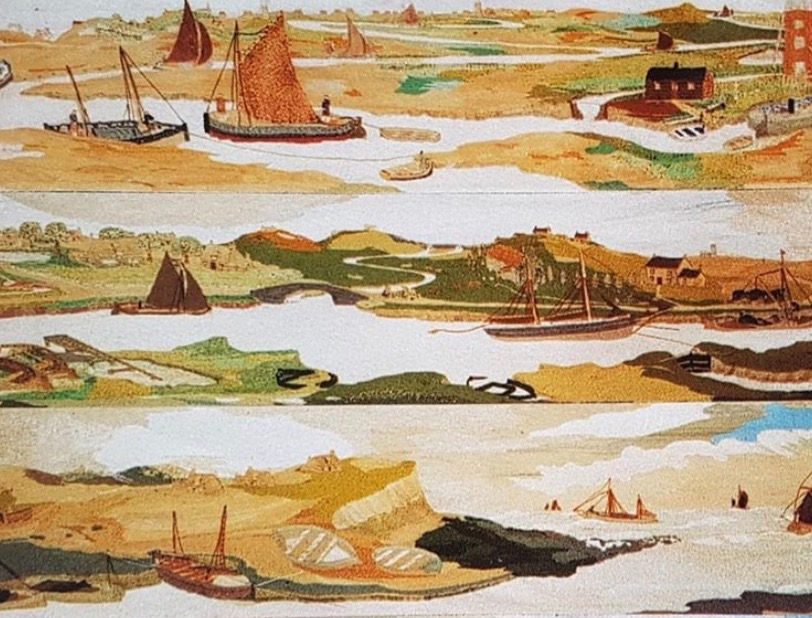 An intricate and colourful embroidery of boats sailing along the coast and marsh creeks. One of the last works by Norfolk fisherman-artist John Craske.