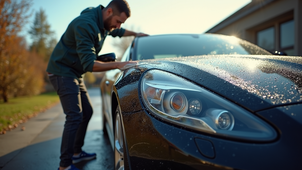 Eye-level view of a shiny black car being hand-washed outdoors