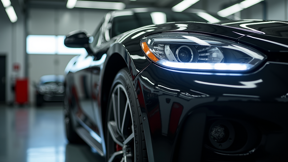 Eye-level view of a shiny black car being polished at a detailing shop