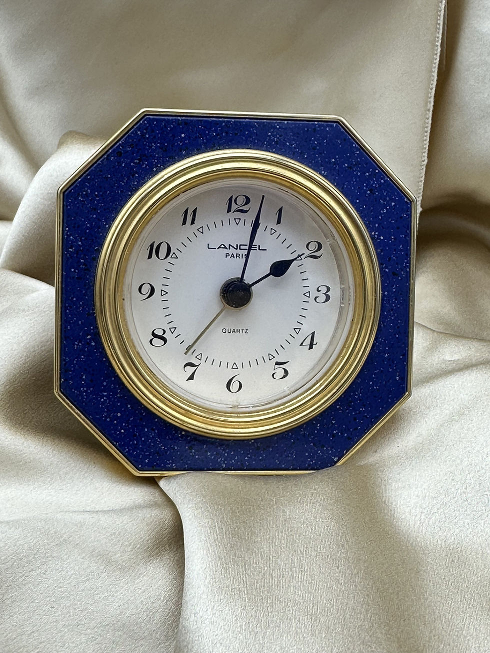 Réveil de voyage Lancel Paris vintage à cadran blanc et encadrement bleu effet lapis-lazuli