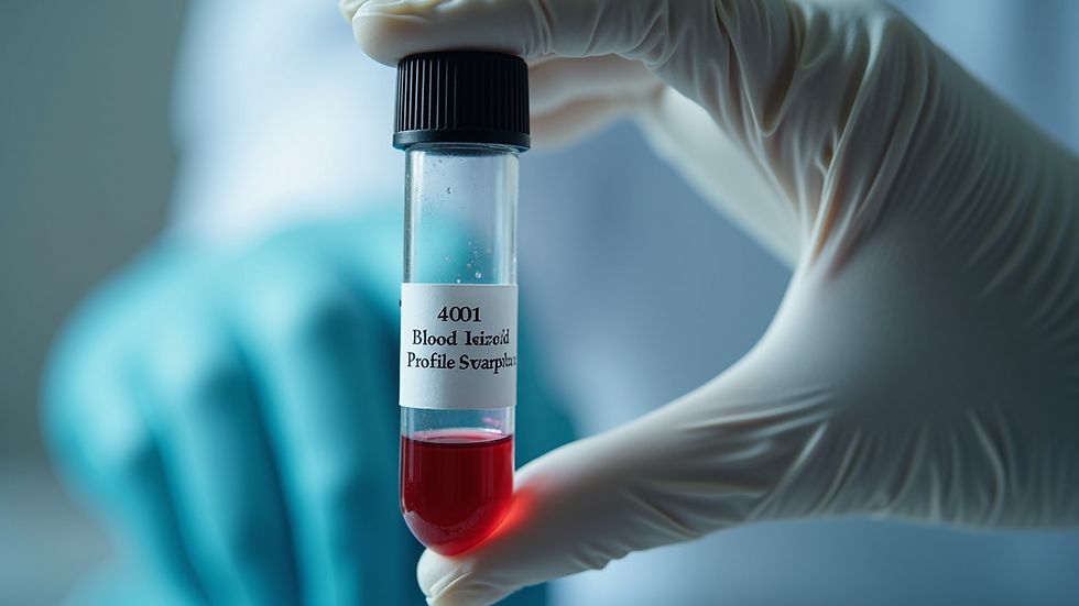Close-up view of a blood sample vial with a label indicating lipid profile test