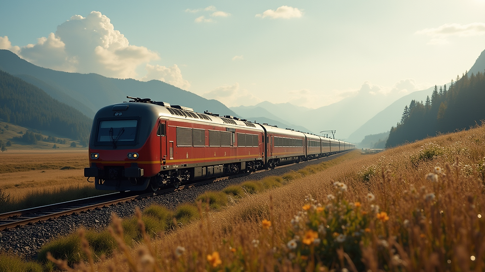 High angle view of a train passing through a picturesque landscape