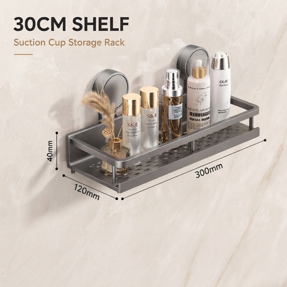 GripNest Aluminium Bathroom Shelf holding bathroom essentials on a tiled wall