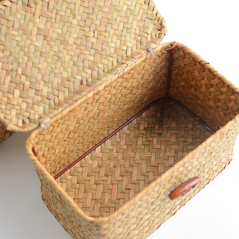 StoreNest Woven Seagrass Storage Basket with Lid styled in a setting