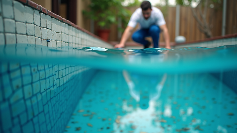 Eye-level view of a leak detection technician examining a swimming pool