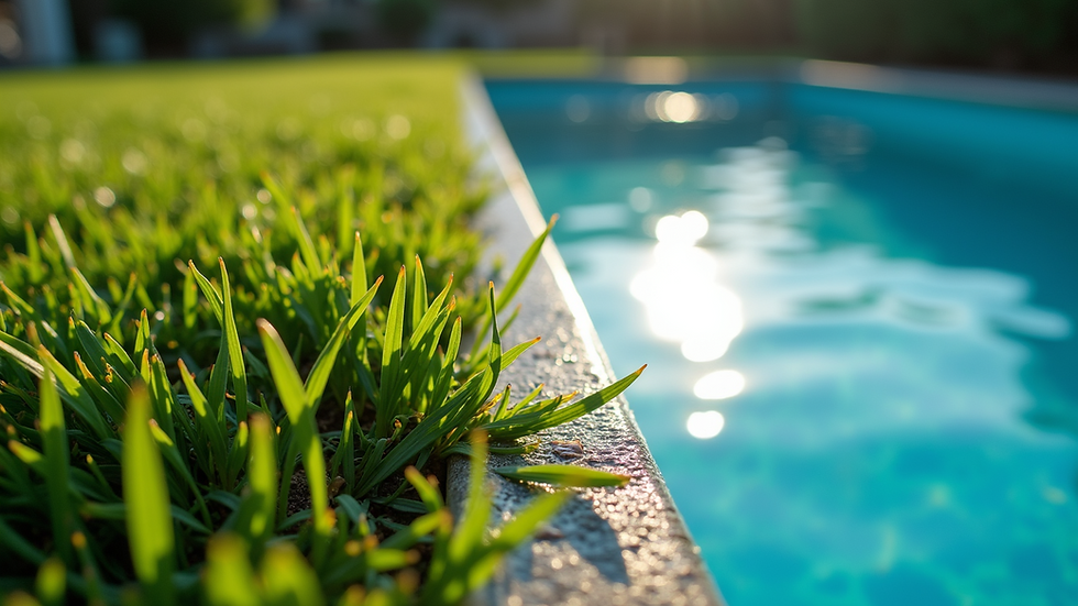 High angle view of wet grass near a swimming pool