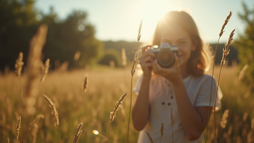 Eye-level view of a young photographer capturing nature