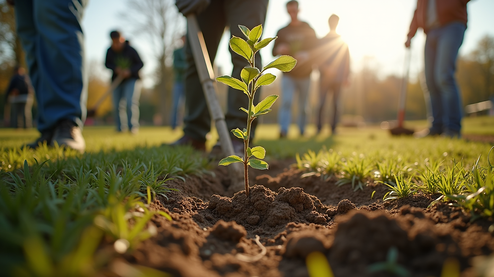 Eye-level view of a group of volunteers planting trees in a community park