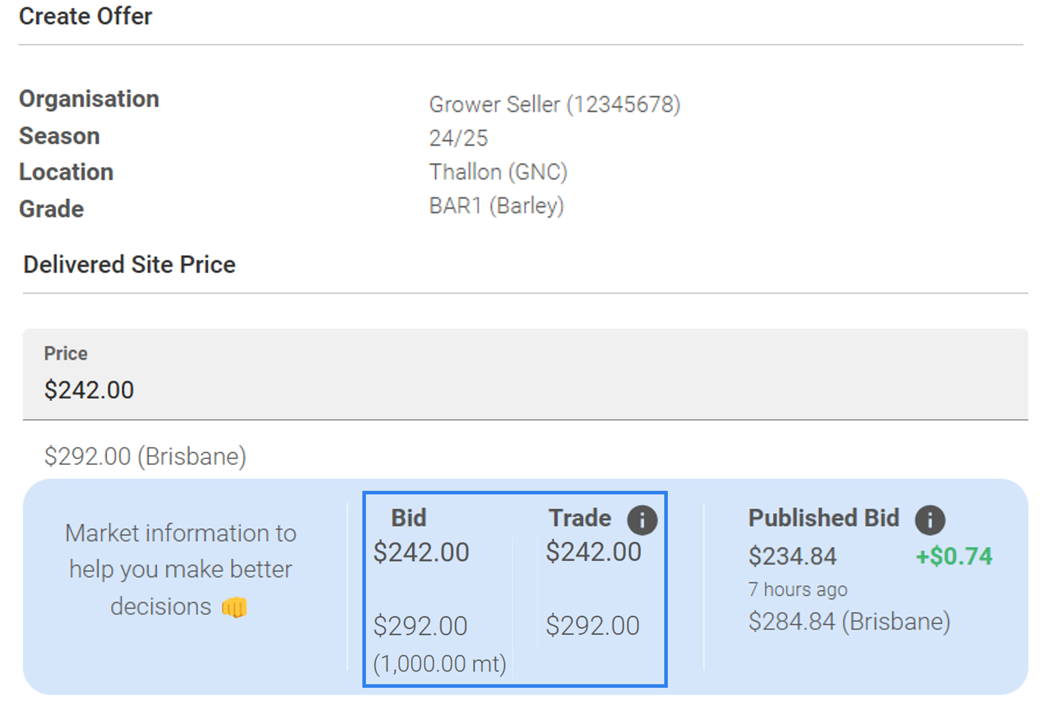 Offering grain on Clear Grain Exchange with a firm grain bid