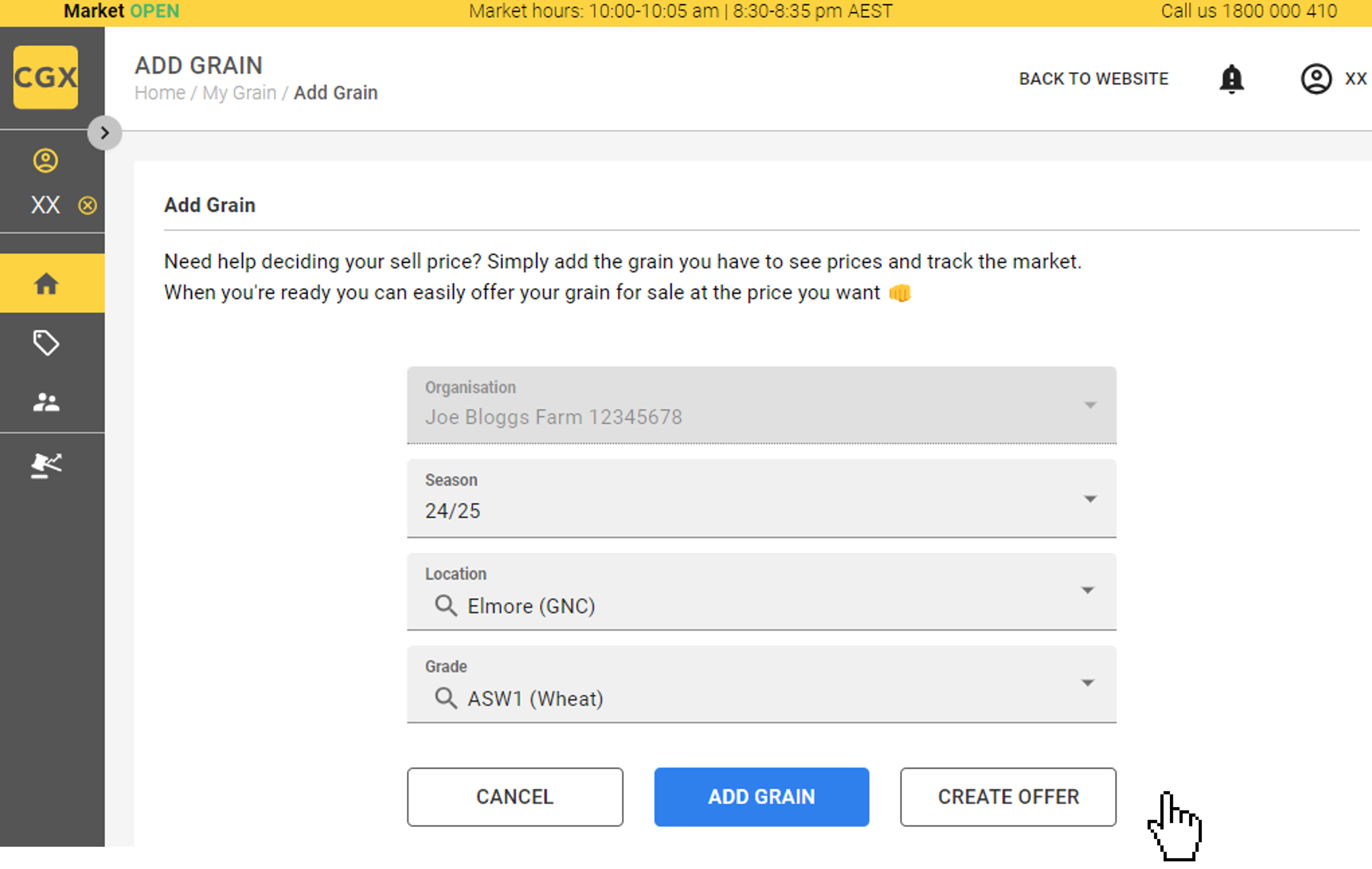 Clear grain Exchange grain market screen trades
