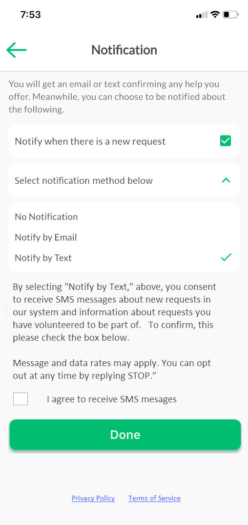 Mobile app notification settings screen, mostly white and green, portrait layout, showing SMS opt-in checkbox and Done button at bottom.