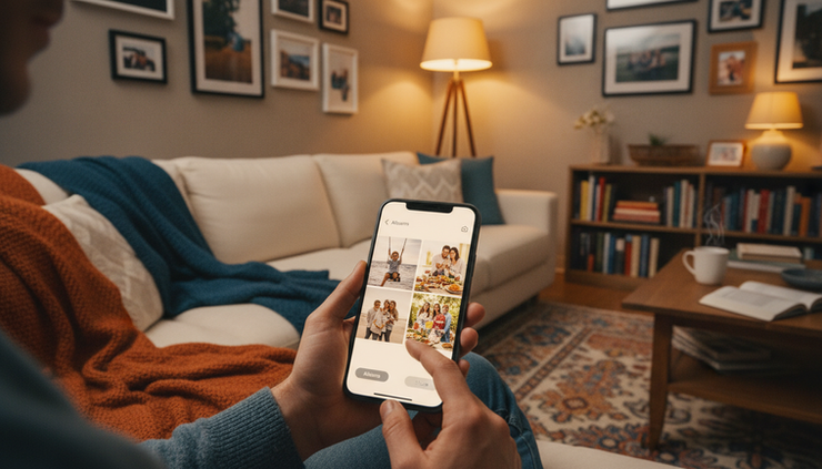 Close-up view of hands holding a phone with family photos open in a cozy living room.