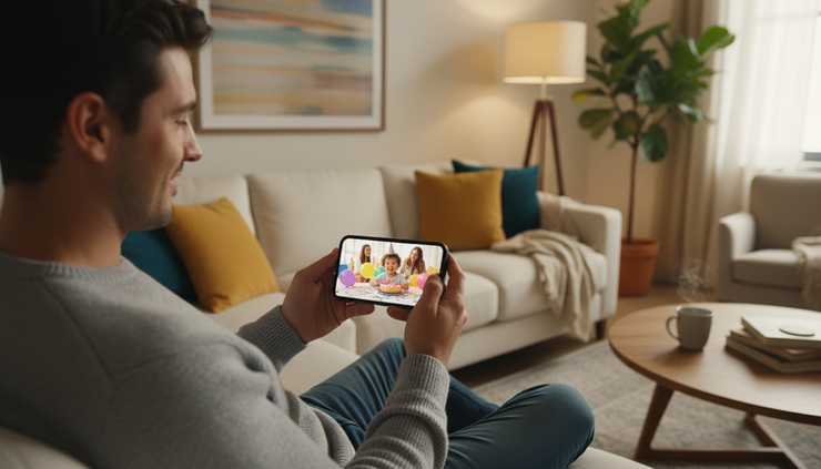 Eye-level view of a parent holding a phone with a family photo ready to send.