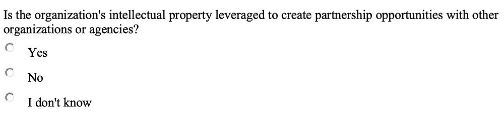 Is the organization's intellectual property leverage to create partnership opportunities with other organizations or agencies? Yes, no, and I don't know given as answer options.
