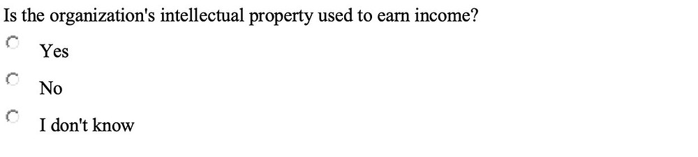 Is the organization's intellectual property used to earn income? Yes, no, and I don't know given as response options.
