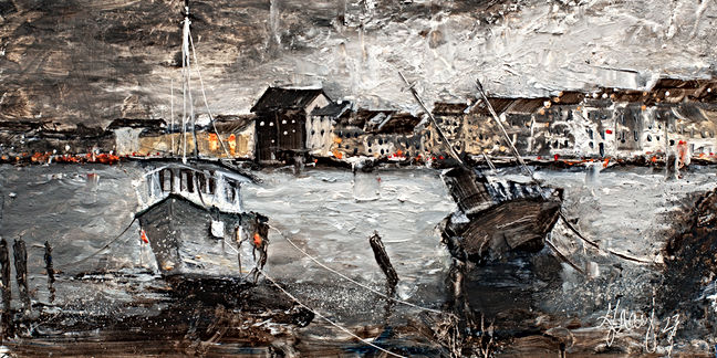 Trawlers docked along Ireland Waterfront, oil painting by Asheville NC Artist Gray Artus