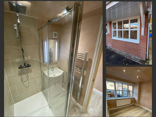Collage of project photos, showcasing a sleek modern garage conversion with compact bathroom