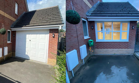 Before and after transformation of a garage into a room with a window and front entrance, showcasing the expertise of Garage Conversion Gurus in Worsley.