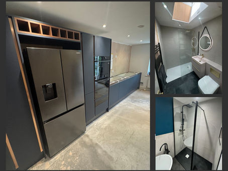 Collage of project photos showcasing sleek bathroom & modern kitchen