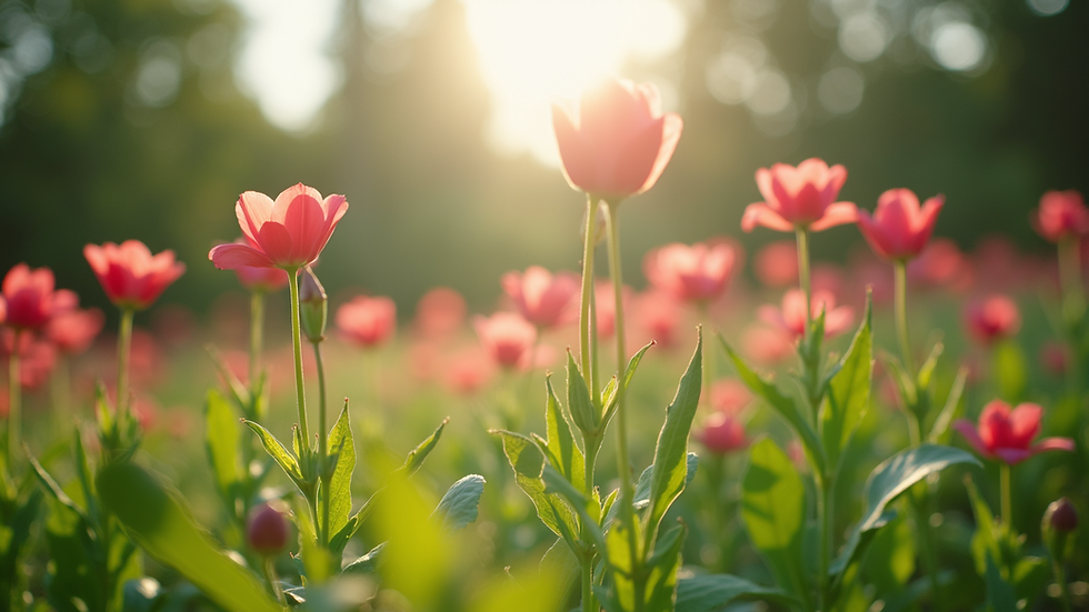 Eye-level view of a serene garden with blooming flowers