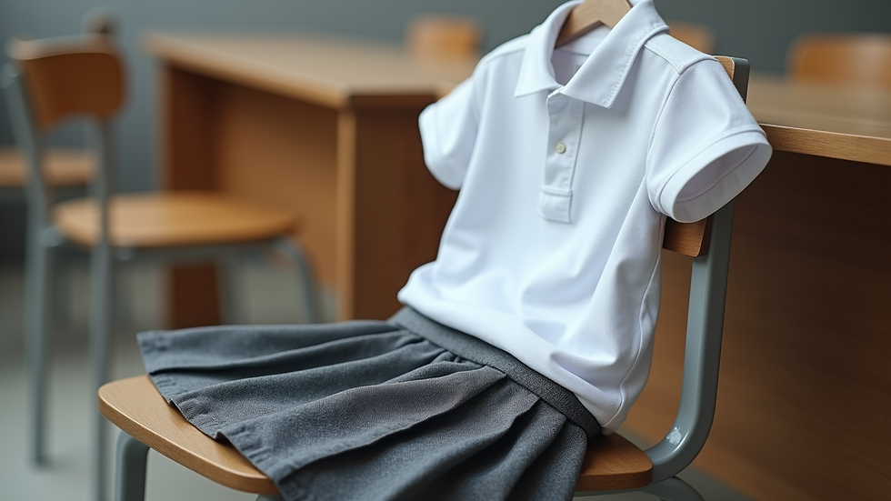 Close-up view of grey school skirt and white polo shirt on a chair
