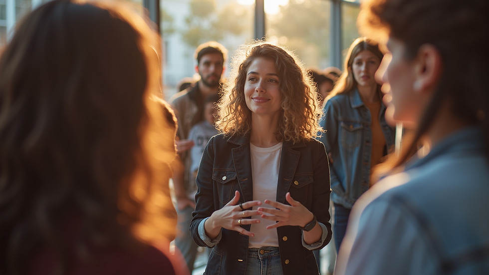 Eye-level view of a group of young adults engaged in a lively discussion during a community event