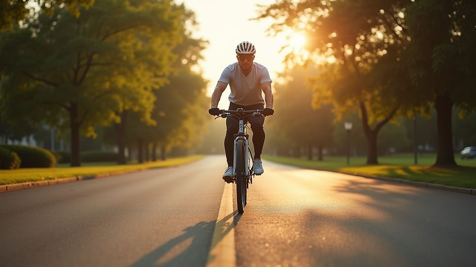 Eye-level view of a cyclist riding through a scenic park
