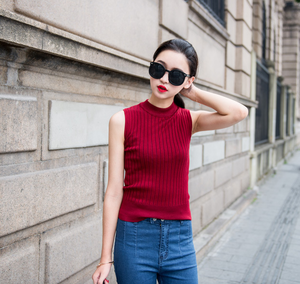 Thumbnail: 坑条竖条小高领修身套头打底针织衫小背心8077