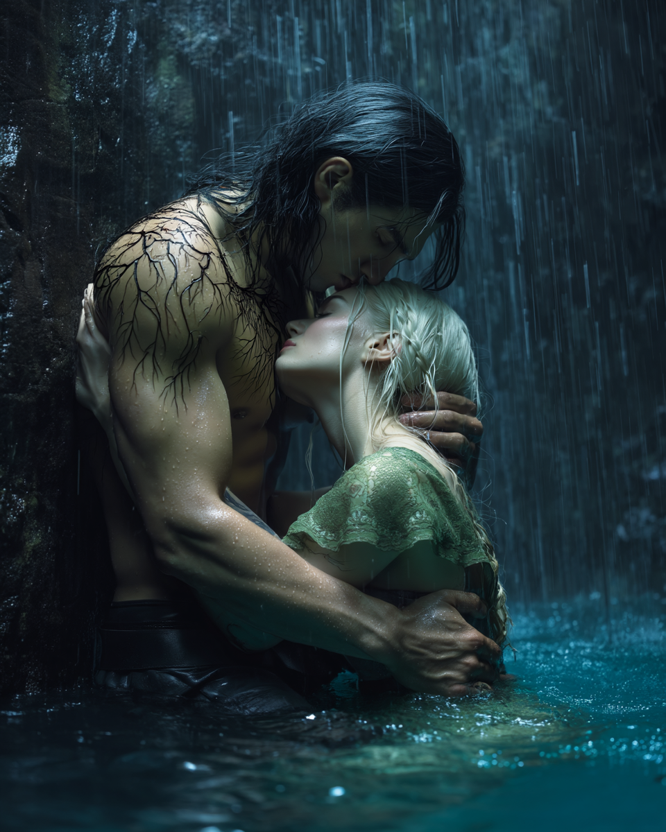 Dark-haired man embracing a white-haired woman waist-deep in blue water beneath a waterfall.