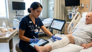 Nurse documenting wound care on a digital tablet in a hospital room.