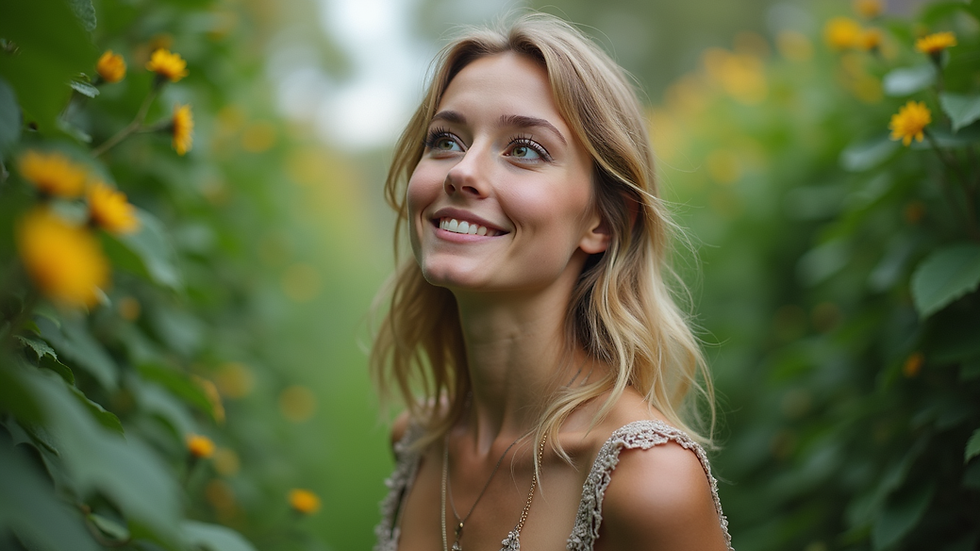 Close-up van een vrouw die rustig ademhaalt in een groene tuin