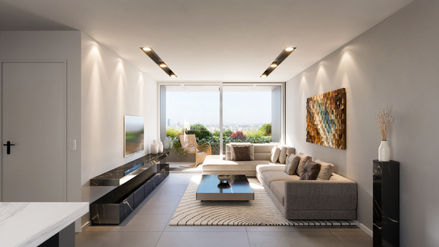 Living amplio y luminoso en apartamento Arbet con diseño contemporáneo.
