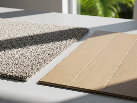Elegant living room with both soft premium carpet and durable luxury vinyl SPC flooring, showcasing expert installation by Not Just Carpet in a modern South Florida home.