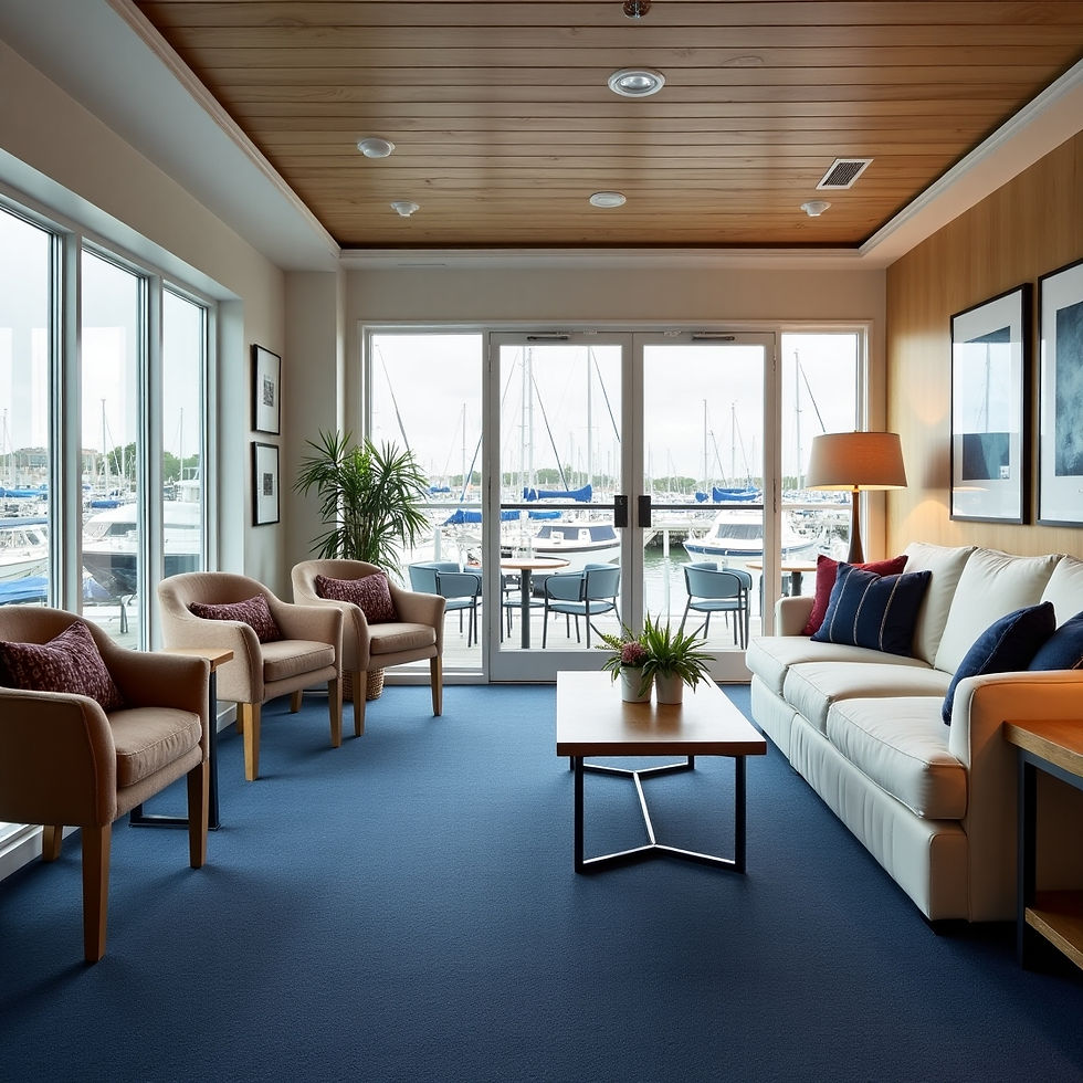 Upscale marina clubhouse in Florida, featuring elegant commercial carpet flooring by Not Just Carpet, with modern furnishings, large windows, and views of the dock and waterfront