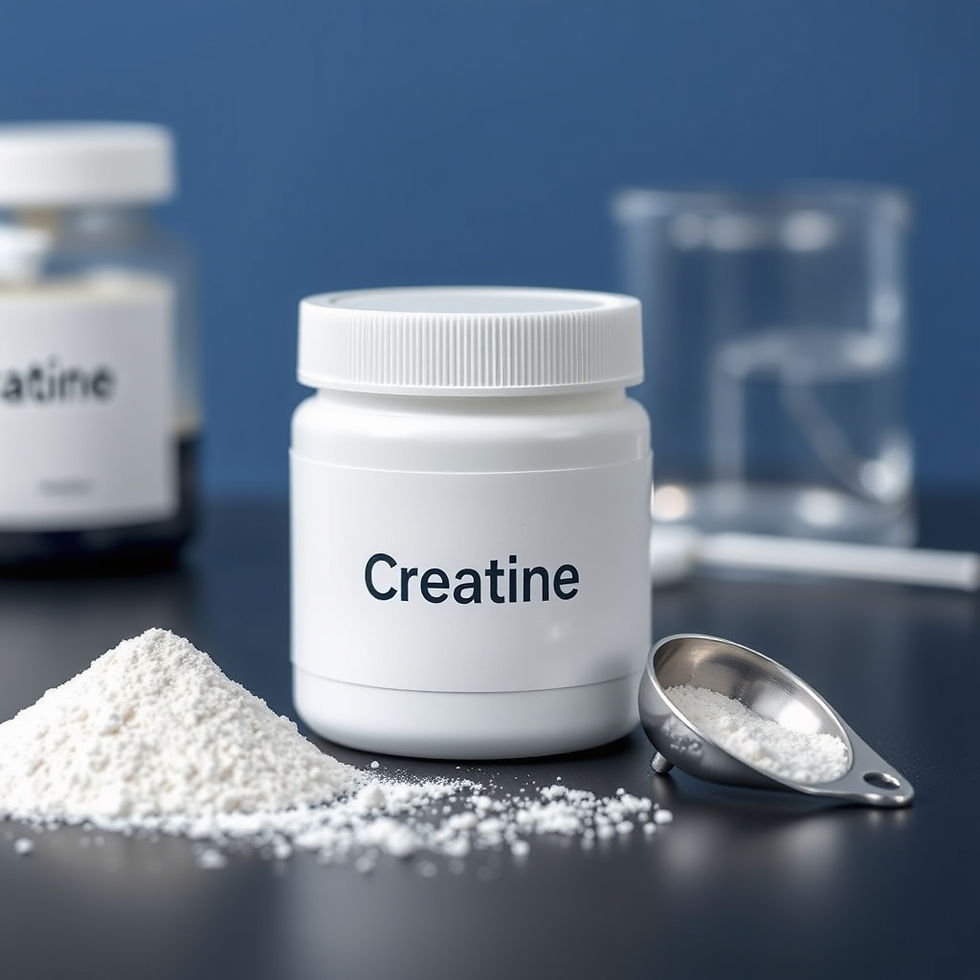 Ein weißer Behälter mit der Aufschrift „Creatine“ steht neben einem kleinen Messlöffel mit weißem Pulver in einem modernen Labor.