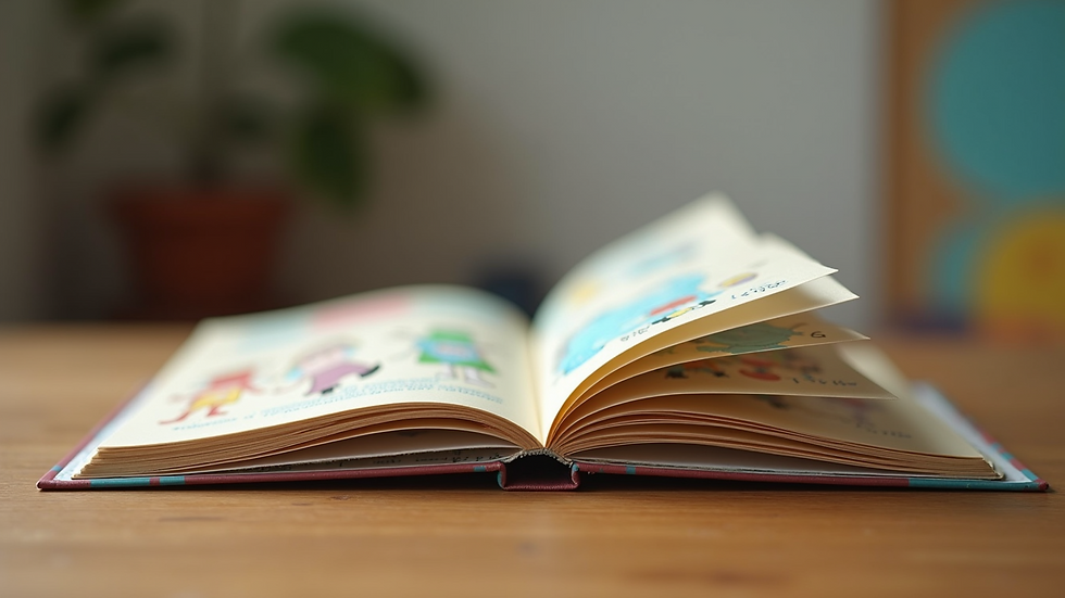 Close-up view of a colourful children’s book open on a wooden table