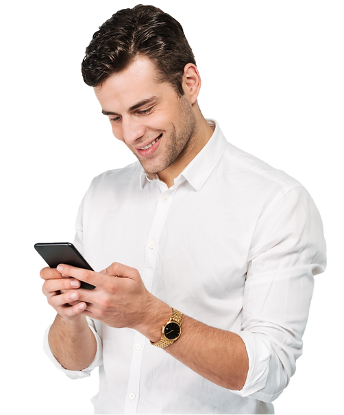 Hombre de negocios contento mira su celular