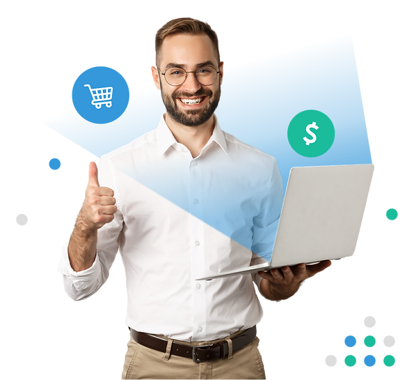 Hombre de negocios sonriendo sosteniendo laptop con tienda online y ventas digitales