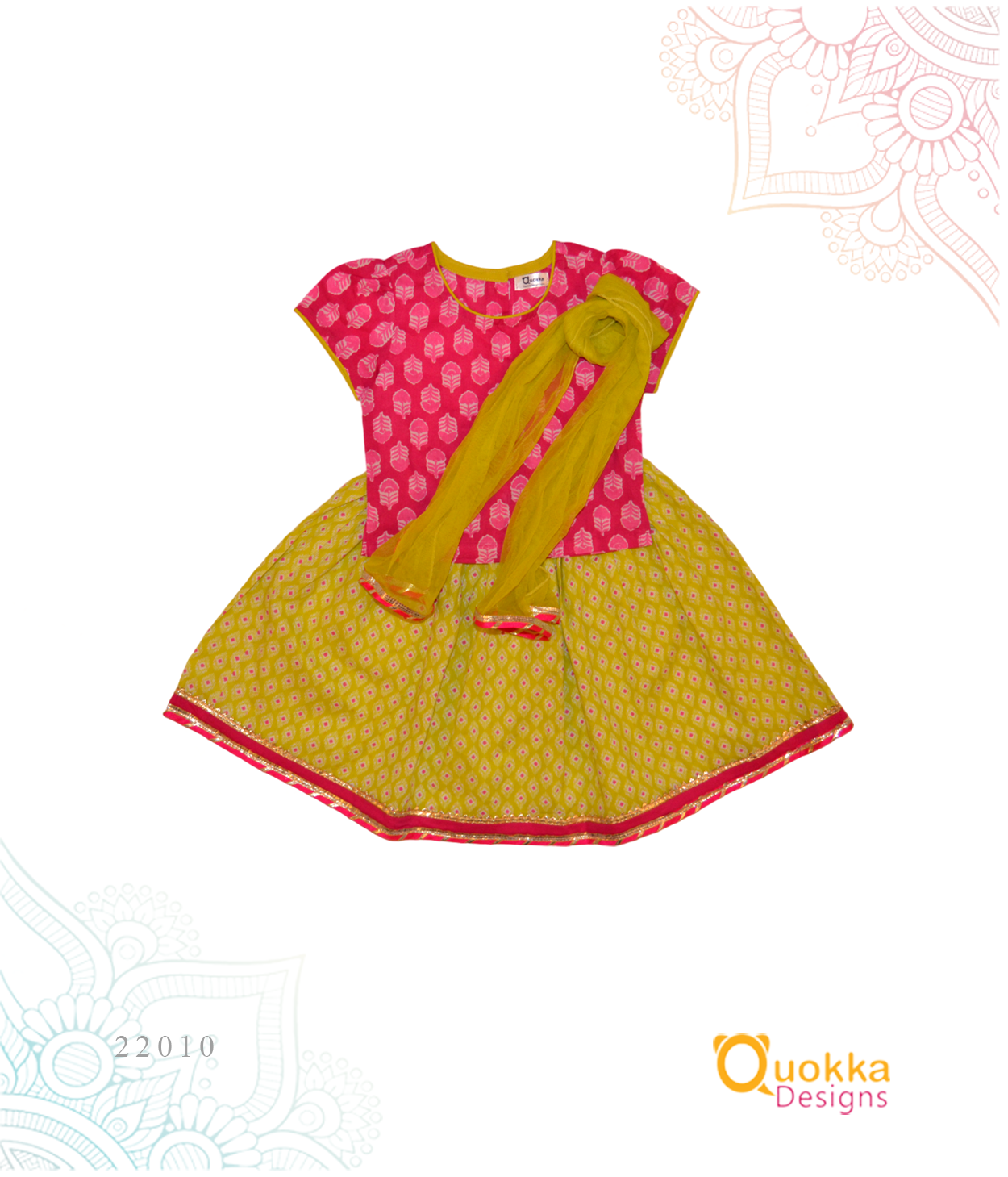 Lehenga Set - Gainda Flower Print - Magenta and Lime - 22010