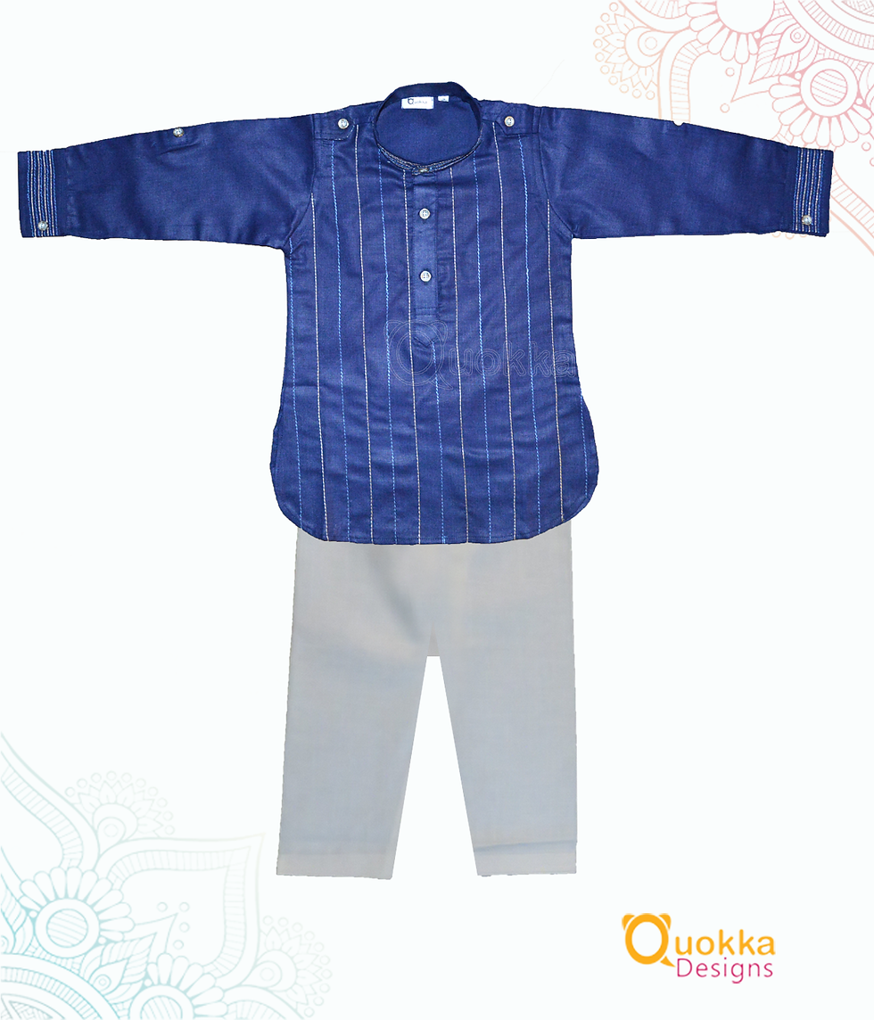 Pathani suit with embroidered stripes - Navy blue kurta + Off white pyjama-19004